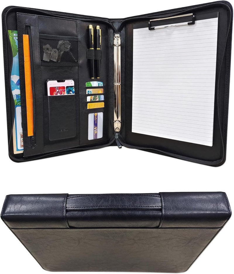 WEYEAH Faux Leather 3 Ring Portfolio Binder With Handle, Business Padfolio for Men & Women, Zippered Document Organizer for Home & Office Use, Including Clipboard, Notepad and Sheet Protectors (Black) - Image 1